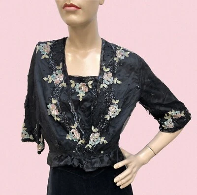 VTG Antique 1900s BELLE ÉPOQUE Couture JET BEADED & Floral PASTEL SEQUIN BODICE - Image 1 of 4