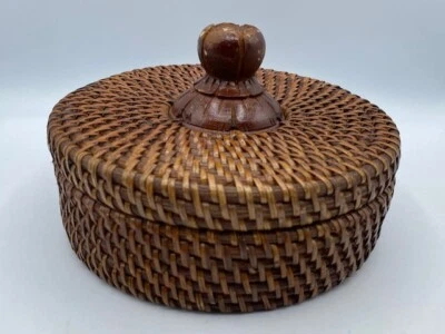 Vintage Round  Woven Lidded Basket With Carved Wood Knob Handle 8" Diameter - Image 1 of 4