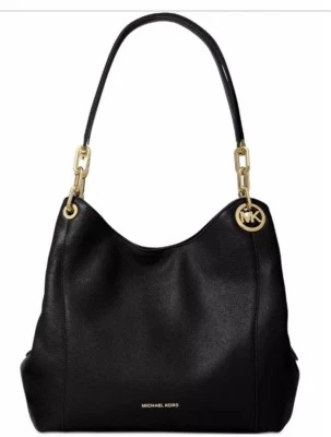 全新带标签 Michael Kors Fulton 大号 Charm Hobo 黑色/金色皮革托特包 — 第 1/4 张图片