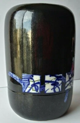 BLACK GLAZE POTTERY BRUSH / CALLIGRAPHY POT. BLUE, WHITE SQUARE DECORATION  - Image 1 of 4