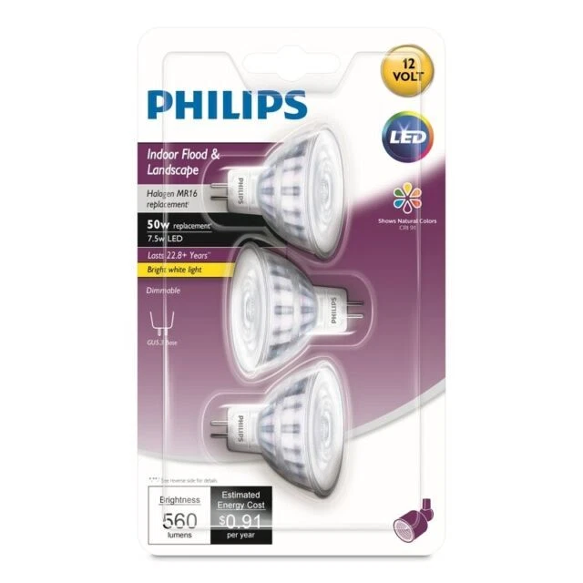 Philips 531913 MR16 12V 7.5W/3000K LED Floodlight Bulb (Pack of 3)