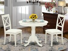 3pc Antique Dinette Pedestal Kitchen Table 2 Leather Padded Chairs Off-white