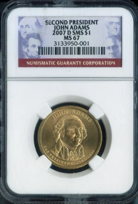 2007-D John Adams Dollar NGC MS67 SMS  2nd U.S. President - Image 1 of 2