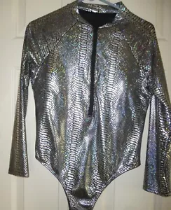 SHINY SILVER SNAKE SKIN BODYSUIT LONG SLEEVE FRONT ZIPPER - STARTING JUST $5.00 - Picture 1 of 5