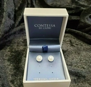 CONTESSA DI CAPRI 925 Sterling Silver Pearl Stud Earrings In Box - Picture 1 of 11