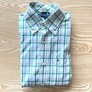 Camisa Tommy Hilfiger Pequeña Para Hombre Blanca Verde 23" Pit-to-Pit Manga Corta Moda - Imagen 1 de 10