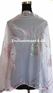 Elegante bufanda de encaje mariposa chal envolvente con flecos de lentejuelas y ganchillo, blanco - Imagen 1 de 5