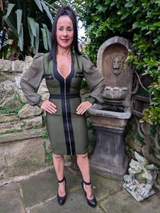 BNWT ~ KAREN MILLEN ~ KAHKI HEAVY BODYCON BANDAGE STRETCH PARTY DRESS ~ SMALL - Picture 1 of 17
