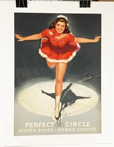 Poster originale anni 50 cerchio perfetto anelli pistone 16x22" pattinatore su ghiaccio stile pinup - Foto 1 di 1