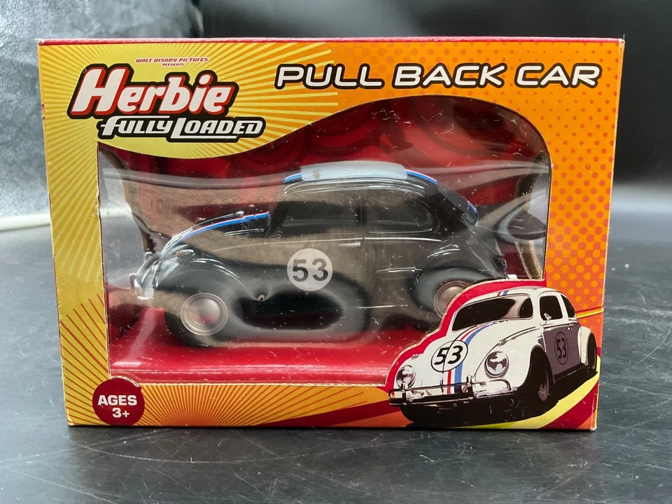 Disney Herbie Love Bug Fully Loaded Black Pull Back Vintage VW Beetle Car MIB