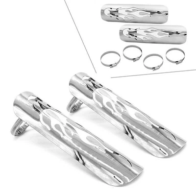 2x 9"Flammenauspuff Hitzeschild Fersenschutzabdeckung für Harley Kawasaki Silber - Image 1 of 4