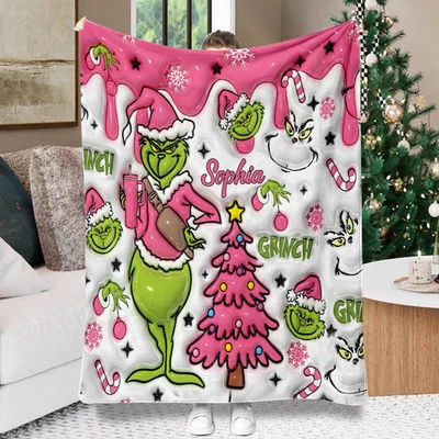 Personalized Pink Grinchy Fleece Blanket, Custom Grinch Christmas Blanket, Chris - Image 1 of 4