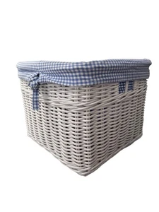 Pottery Barn Kids White Sabrina Wicker Basket 12x12x10 with Blue Gingham liner - Picture 1 of 8