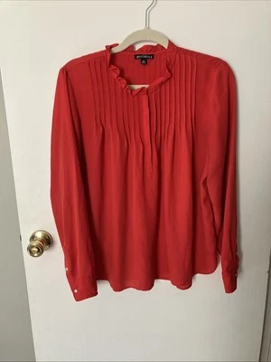 Blusa J Crew Mercantil Coral Rojo Volantes Cuello Manga Larga Plisada Puños Talla 14 Foto 1 de 4