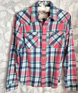 Hollister Womens Pink Blue Plaid Cotton Flannel Western Shirt S Pearl Snap Front - Picture 1 of 11