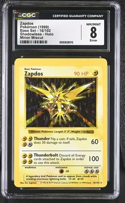 CGC 8 Zapdos 1999 Base Set 16/102 Shadowless Minor Miscut ERROR Pokemon Card - Image 1 of 2
