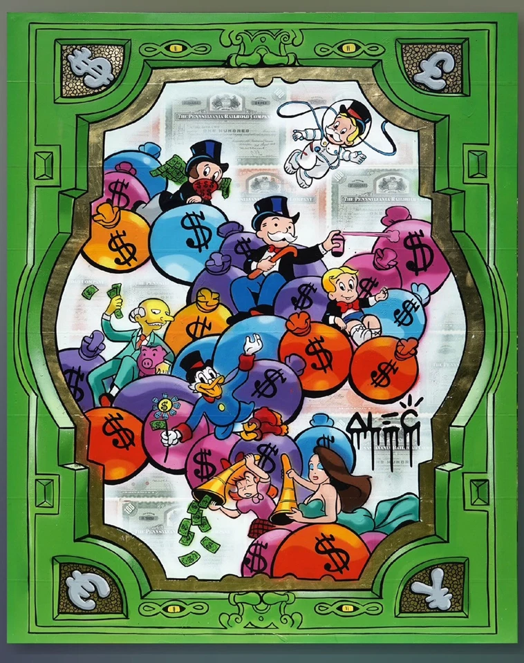 Alec Monopoly  Green Frame $ Bags Sixtine Chapel Print On Canvas 24x36” 1:1 - Image 1 of 1