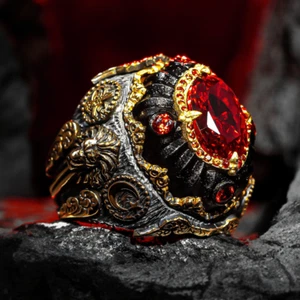 Lion Motif 925 Sterling Silver Big Red Zircon Stone Mens Ring - Picture 1 of 5