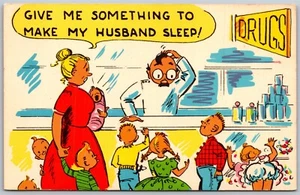 Tarjeta postal de colección cómic Dame algo para hacer que mi esposo duerma drogas humor sin usar - Imagen 1 de 2