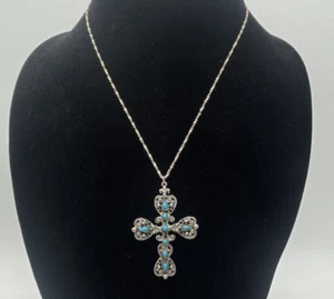 Vintage Faux Türkis Silber Ton Kreuz Anhänger Signiert ROMA Sterling 18" Kette - Bild 1 von 10