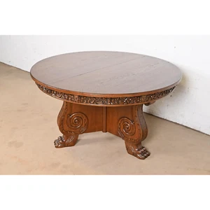 R. J. Horner Antique Victorian Carved Oak Pedestal Extension Dining Table - Picture 1 of 11