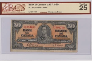 1937 BCS Graded Very Fine 25 $50.00 Gordon-Towers Note - Picture 1 of 2