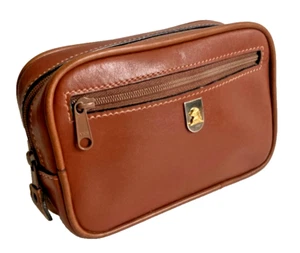 MARK CROSS Sm Brown Leather Pouch Bag Zip Travel Case w/Pocket Toiletries ITALY - Picture 1 of 11