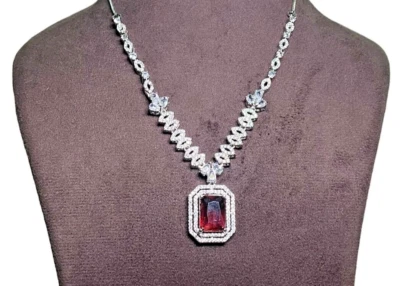 Ruby Statement Necklace Set ,925 Sterling Silver Earring With Necklace , - Image 1 of 3