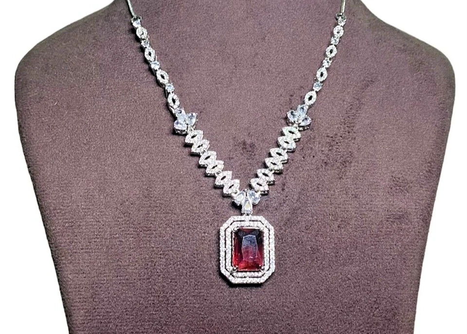 Ruby Statement Necklace Set ,925 Sterling Silver Earring With Necklace , - Image 1 of 3