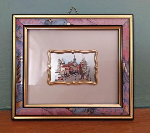 Vintage Framed Wall Art Village Street Scene 925 Sterling Silver 3-D Italy Cover