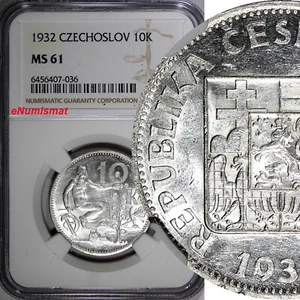 Czechoslovakia Silver 1932 10 Korun 30 mm NGC MS61 KM# 15 (036) - Picture 1 of 4