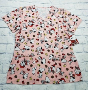 Scrub Club Peanuts WOMENS SIZE S Scrub Top Uniform Pink Christmas 3 Pockets - Picture 1 of 9