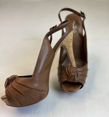 Aldo Brown Cork Platform High Heels Size 39 Stiletto Sling Back Buckle Peep Toe - Image 1 of 4