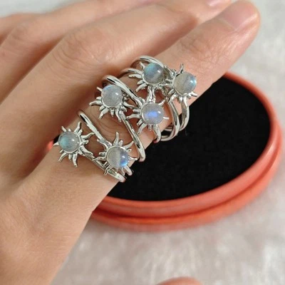 +Natur+ Grau Mondstein regenbogen Labradorit Ringe Edelstein Damen Sonne Ring - Bild 1 von 4