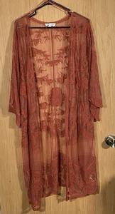 She + Sky Women's S/M Lace Open Kimono Duster Rust Boho Festival FairyCore Beach - Picture 1 of 7