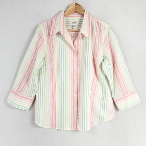 Talbots Petites Shirt Womens Large Petite Pink Green Striped Button 3/4 Sleeve - Picture 1 of 8
