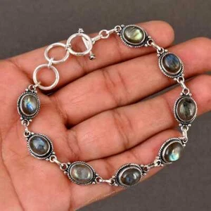 Pulsera de piedras preciosas de labradorita hecha a mano de plata de ley 925 joyería regalo para esposa - Imagen 1 de 8