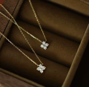 14K Massiv Gold Blume Diamant Design Halskette 4 Lab Grown Diamant Collier - Bild 1 von 4