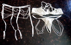 Metallic (3) piece garter set embroidered silver women’s lingerie size M - Picture 1 of 6