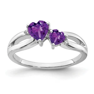 10K White Gold Purple Amethyst Diamond 2 Stone Heart Ring Gemstone Love Band - Picture 1 of 90