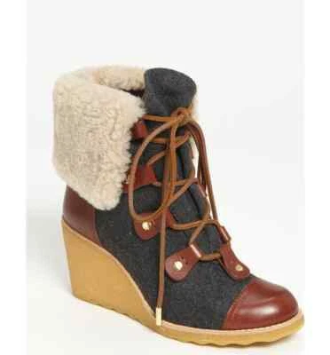 NUEVO Botín de cuña Tory Burch forro de piel de oveja con cordones MARLEY 6,5 M Foto 1 de 4