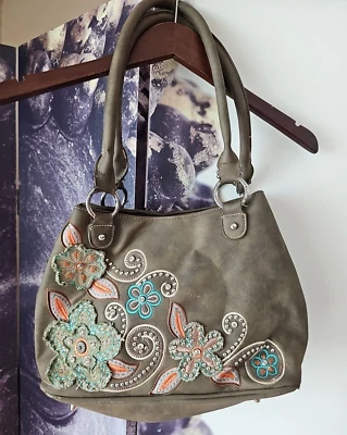 Montana West Double Strap Taupe Applique Flower Shoulder Bag Studded - Image 1 of 4