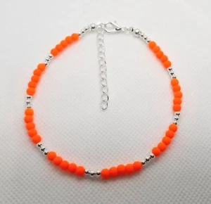 NEON ORANGE BEADED ANKLE BRACELET ANKLET 9.25" + EXT 340 - Picture 1 of 2
