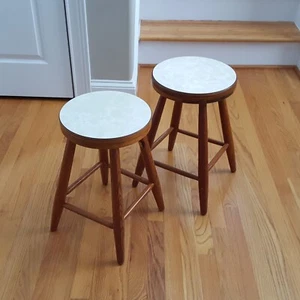 Vintage Pair Handmade Kids Stools Strong Oak Base Formica Tops Great Colors! - Picture 1 of 24