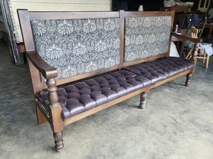 Large 8' leather seat high back bench seat turned legs home business - Picture 1 of 10