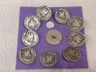 10 BOTTONI TIROLESI SARNER DIRNDL METALLO ARGENTATO FORMA MONETA 25 mm. - Immagine 1 di 2