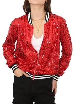 Womens Long Sleeve Front Zip Track Stripe Sequin Bomber Jacket - Image 1 of 4