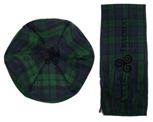 New Scottish Traditional Tam o' Shanter Flat Bonnet KILT Hat - Tartan Scarf
