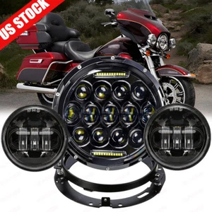 Ring Mount+7" LED Headlight + 4.5" Fog Passing Light For Harley Electra Glide - Picture 1 of 22