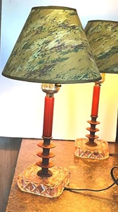Vintage Art Deco Pink Glass Butterscotch Bakelite Stacked Disc Bedside Lamps - Picture 1 of 15